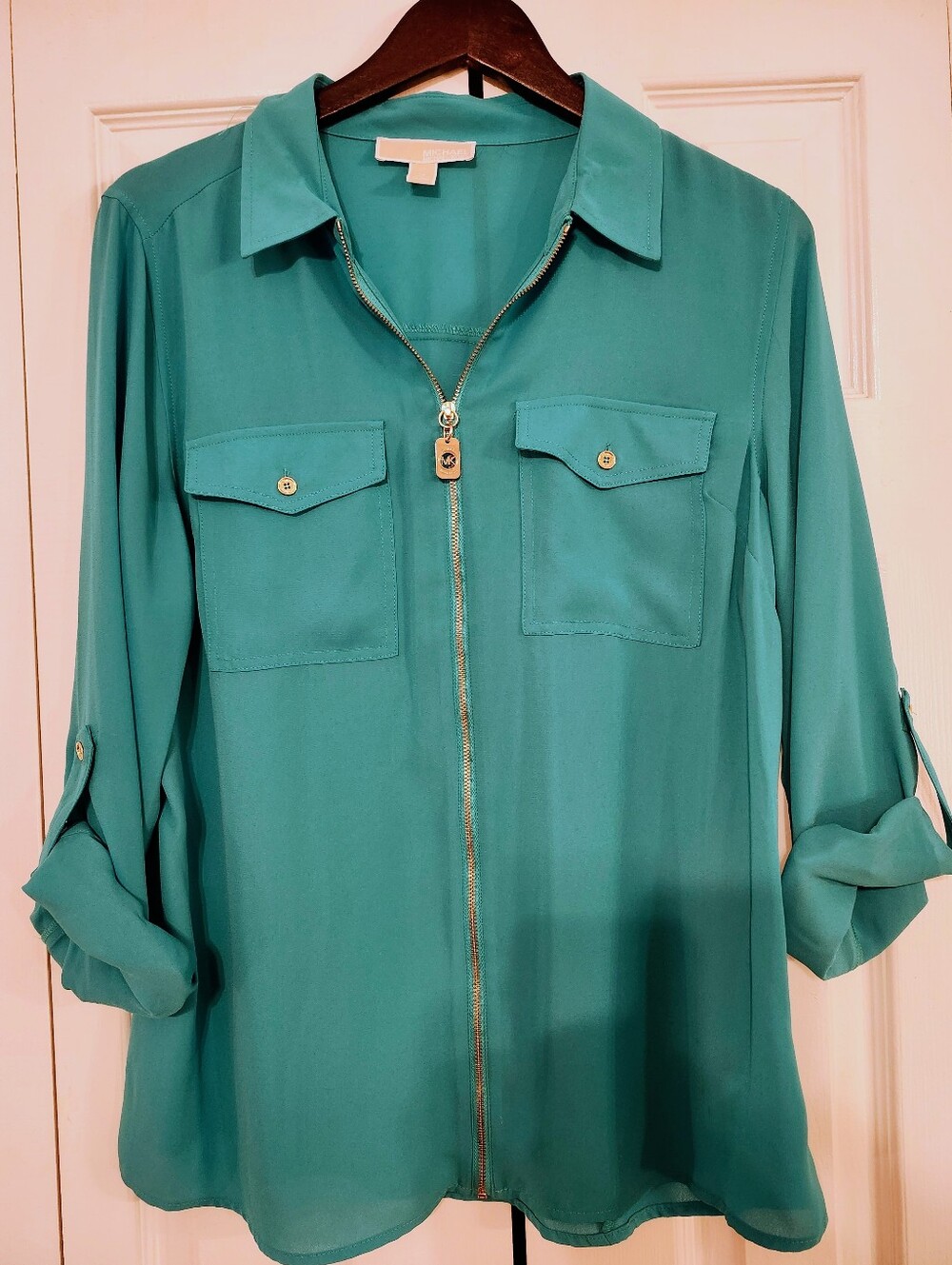 MICHAEL Michael Kors Teal Full Zip Roll-Tab Blouse Size 12
